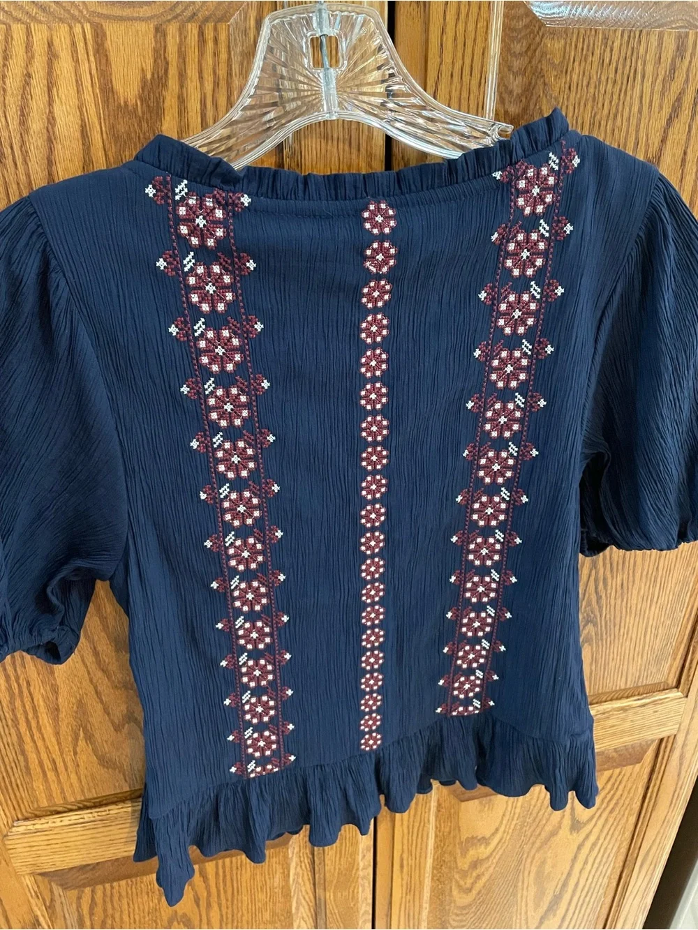 Abercrombie & Fitch Navy Embroidered Tie-Front Peasant Top